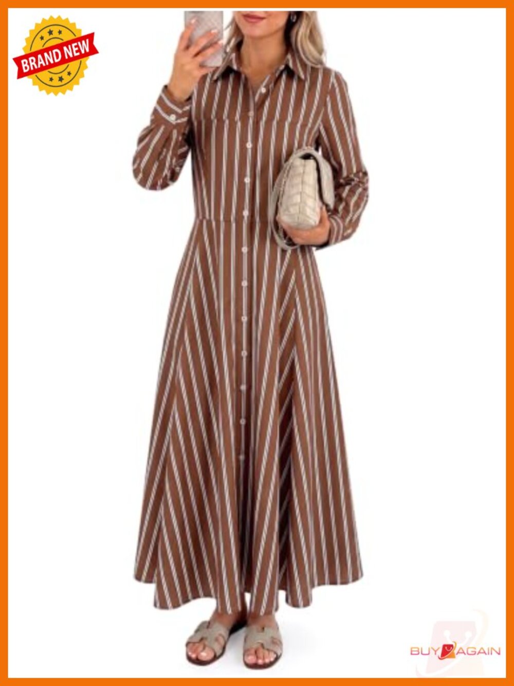 Women's Striped Button Down Maxi Shirt Dress Long Sleeve A-Line